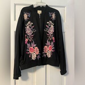 Women's Black Embroidered Floral Bomber Jacket